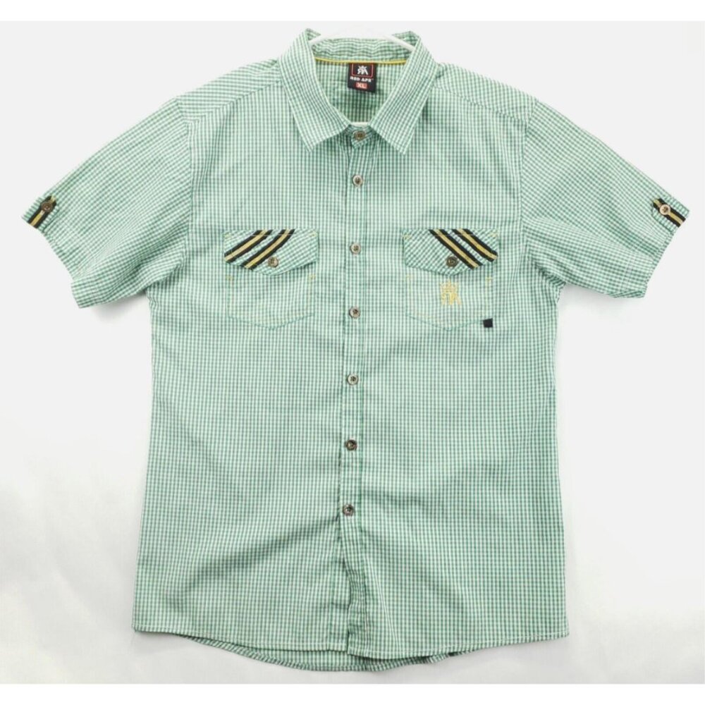Red Ape Shirt Mens XL Green White Check Cotton Short Sleeve Classic Button-Up